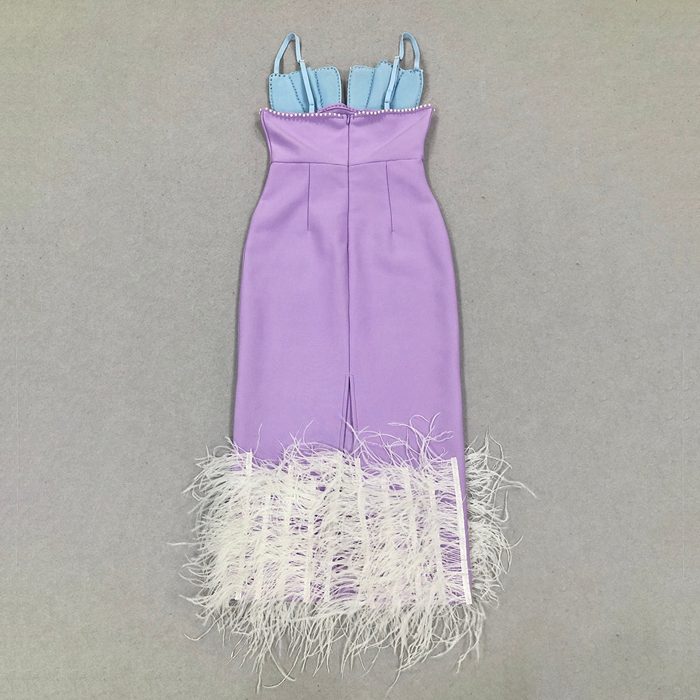 Purple & Blue Strapless Feather Hem Mermaid Dress · Elegant Slim-Fit Midi Gown