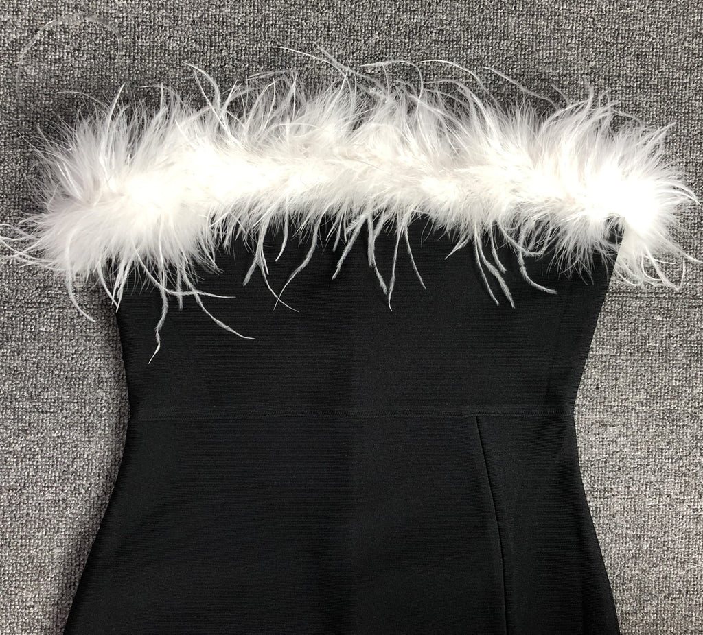 Black Feather Strapless Slit Evening Dress · Elegant Bodycon Gown
