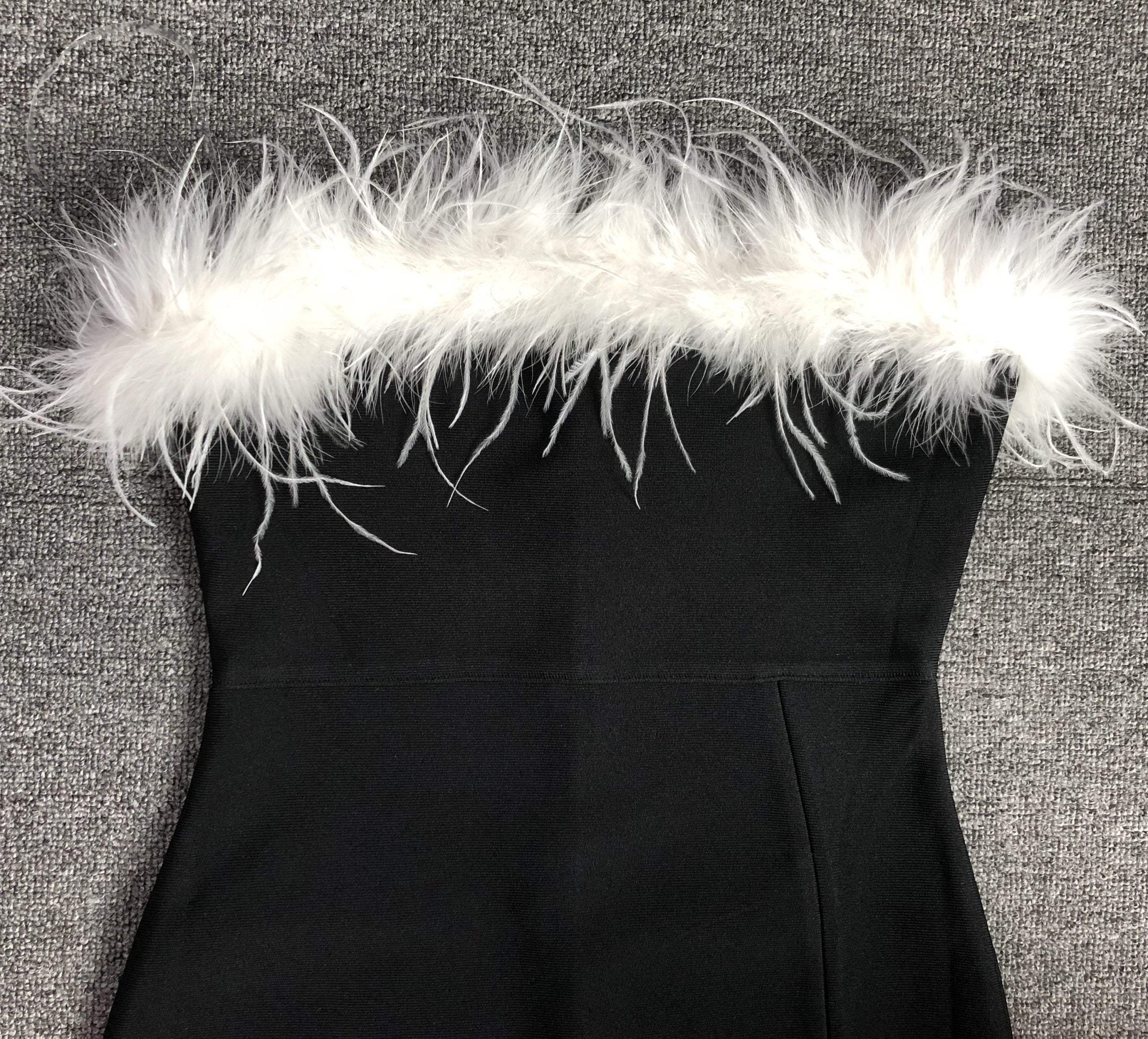 Black Feather Strapless Slit Evening Dress · Elegant Bodycon Gown