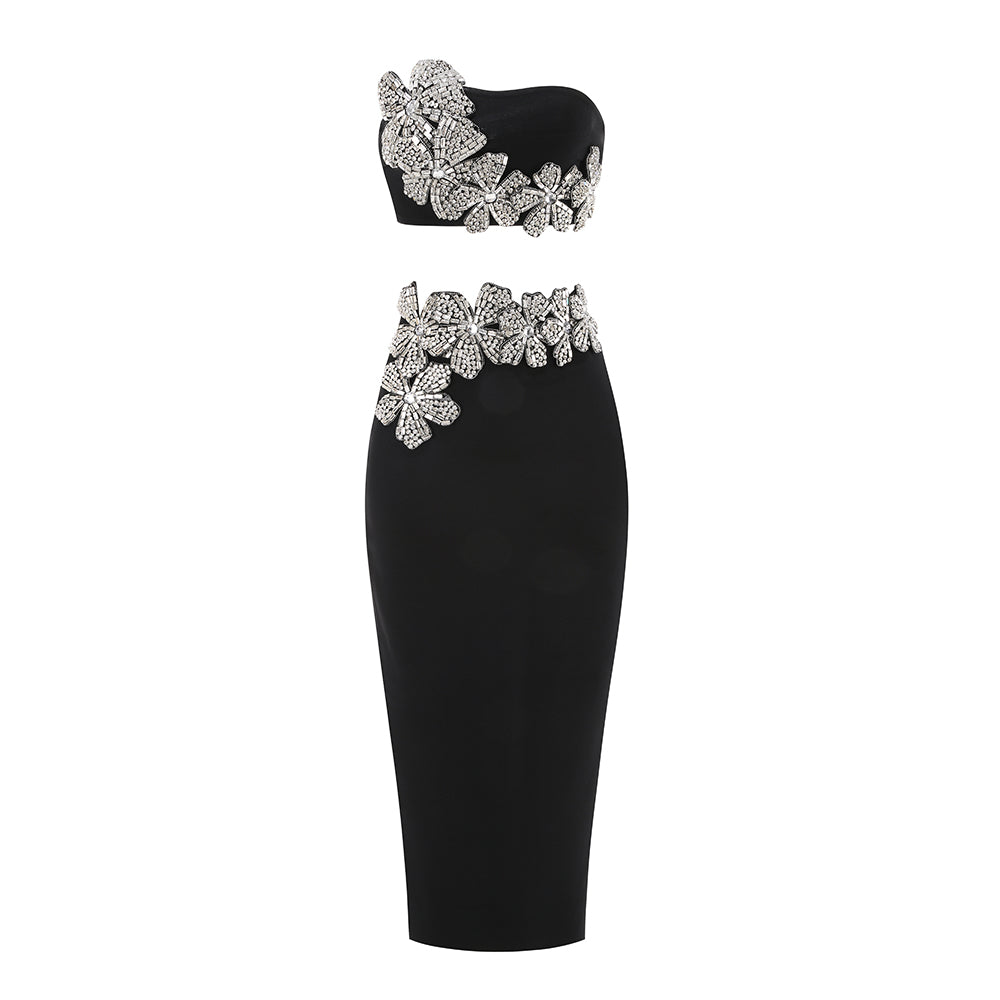 Black One-Shoulder Gown with 3D Sequin Floral Appliqué · Elegant Slim-Fit Evening Dress