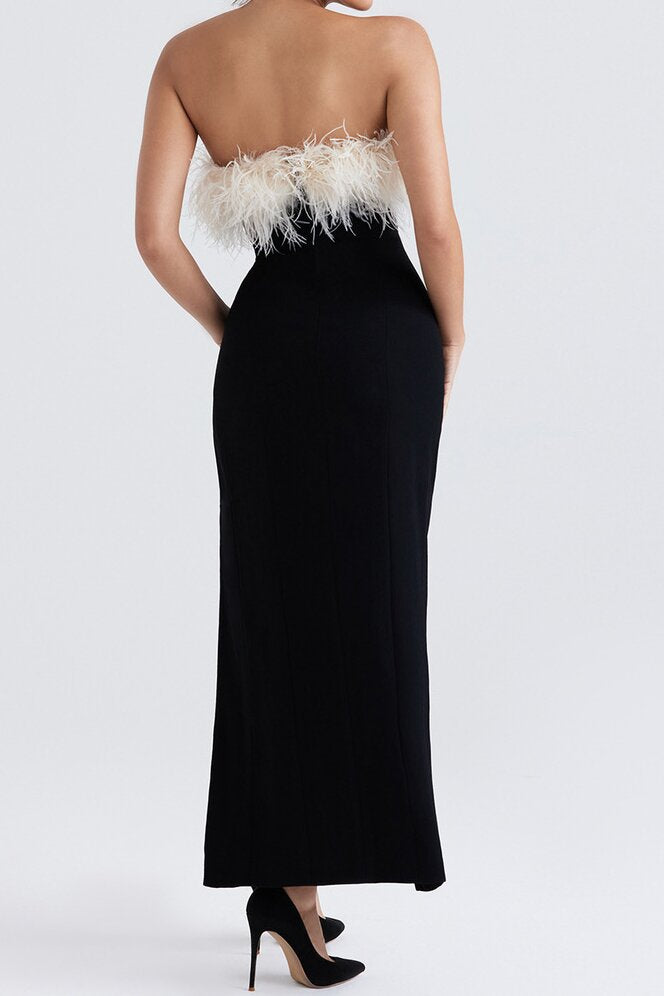 Black Feather Strapless Slit Evening Dress · Elegant Bodycon Gown