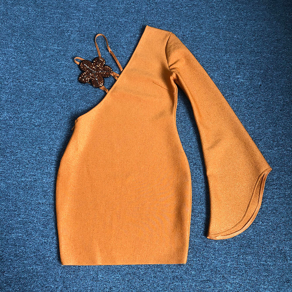 Vibrant Orange One-Shoulder Long-Sleeve Mini Dress · Asymmetric Bodycon Party Dress