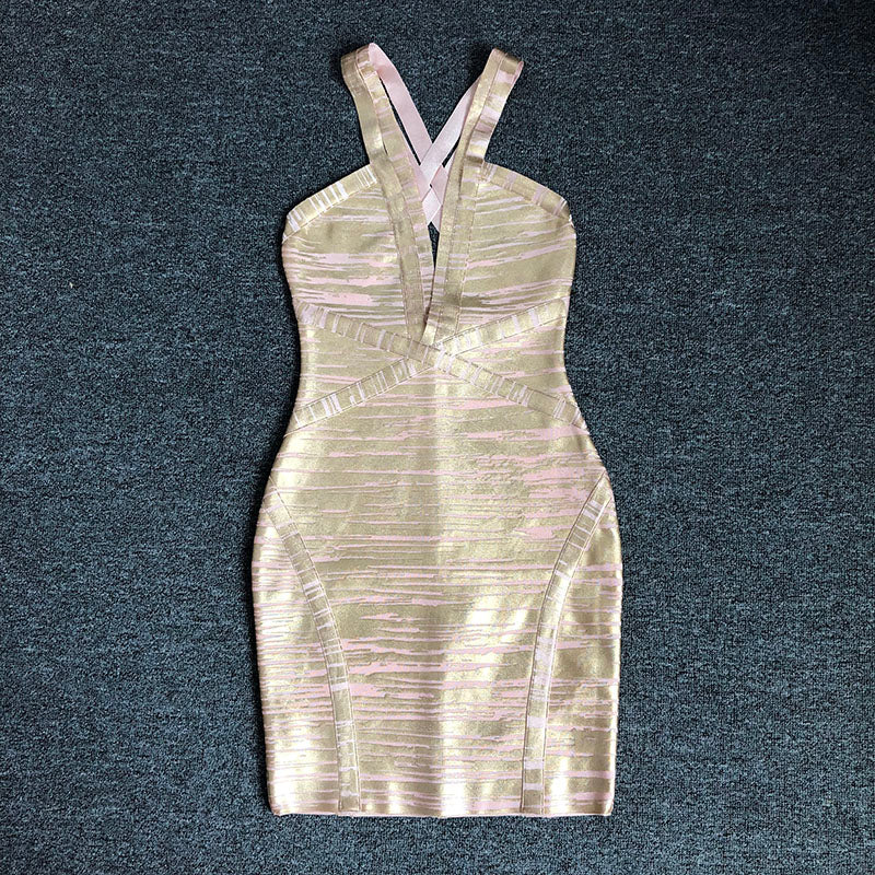 Champagne Sequin Deep V Spaghetti Strap Bodycon Mini Dress · Party & Club Dress