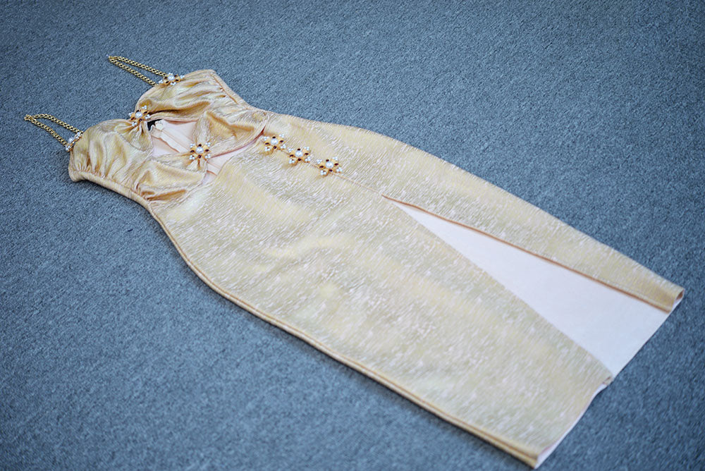 Champagne Gold Pearl Floral Strap Dress · Sexy Slit Bodycon Gown