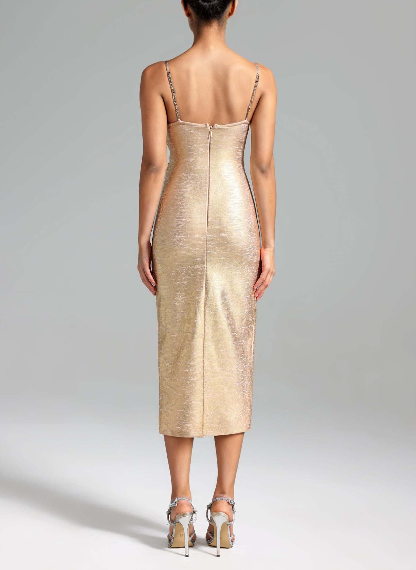 Champagne Gold Pearl Floral Strap Dress · Sexy Slit Bodycon Gown