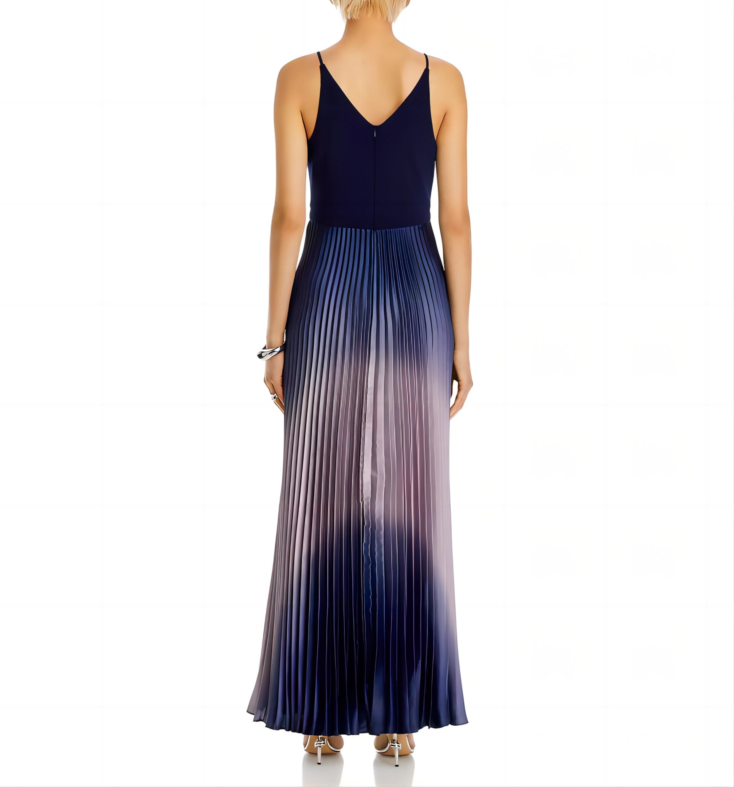 Navy Blue Ombre Pleated Spaghetti Strap Maxi Dress · Elegant Flowy Gradient Gown