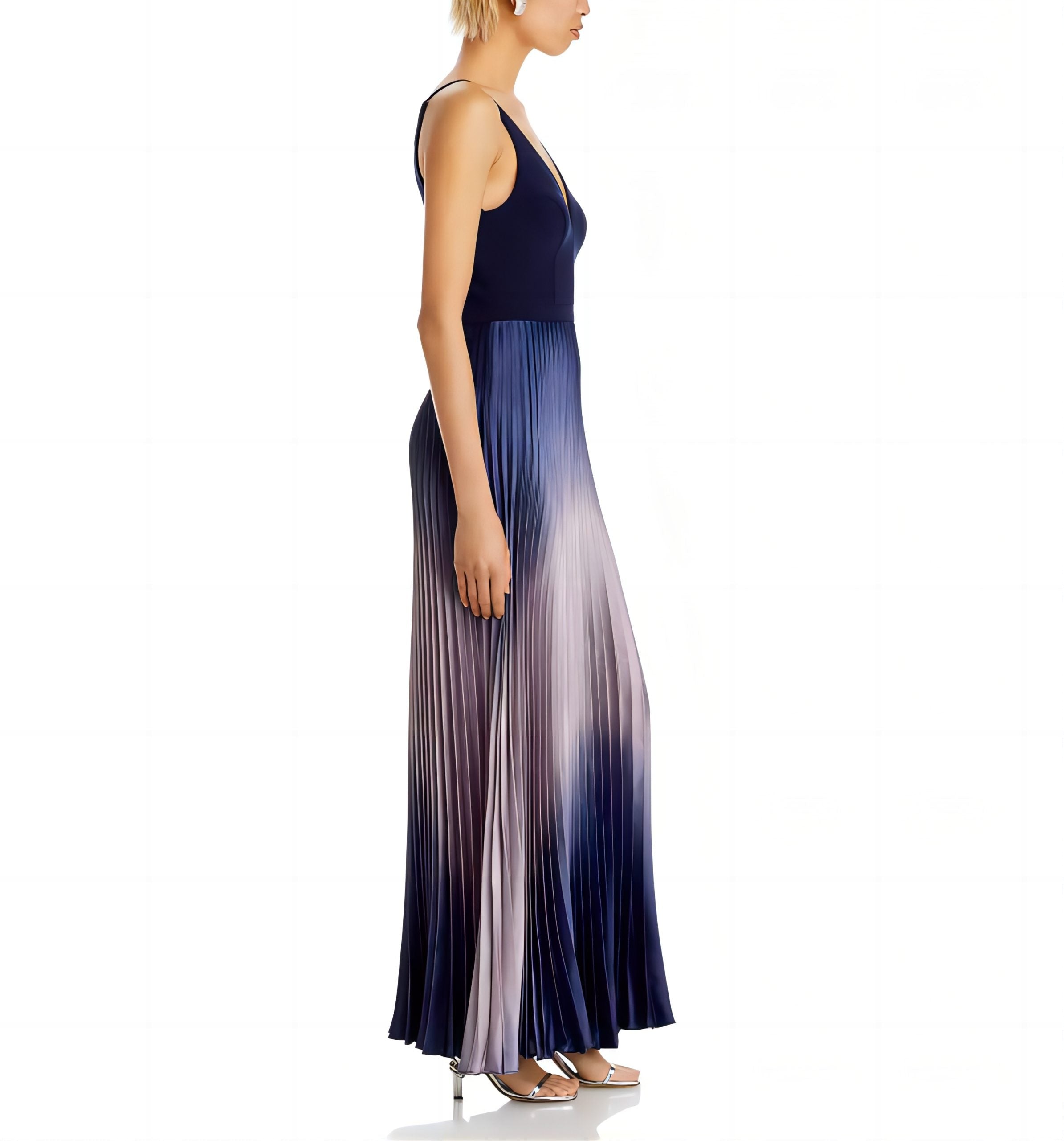 Navy Blue Ombre Pleated Spaghetti Strap Maxi Dress · Elegant Flowy Gradient Gown
