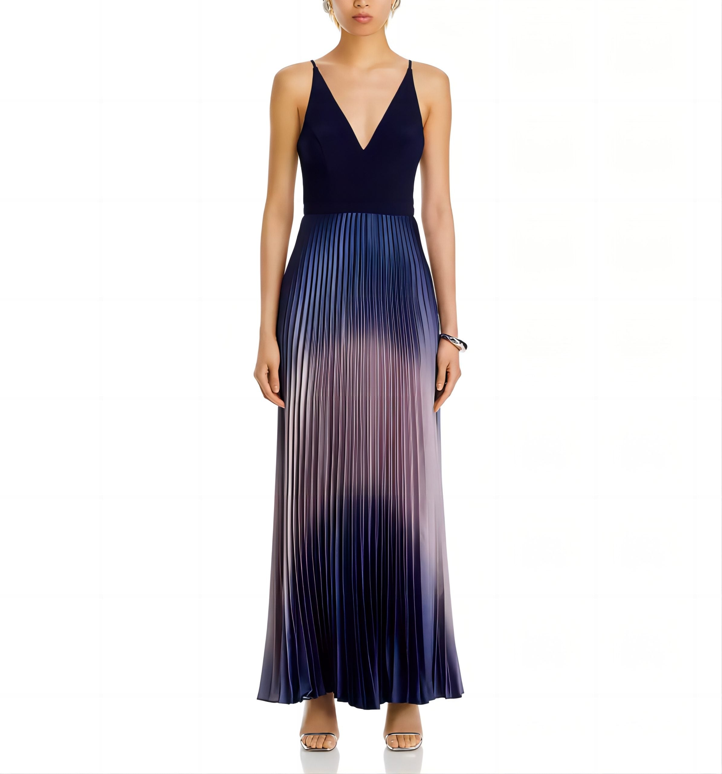Navy Blue Ombre Pleated Spaghetti Strap Maxi Dress · Elegant Flowy Gradient Gown