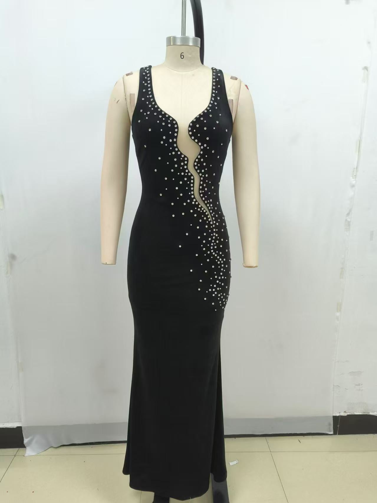 Black Deep V Cutout Rhinestone Evening Gown · Sexy Slim-Fit Long Dress