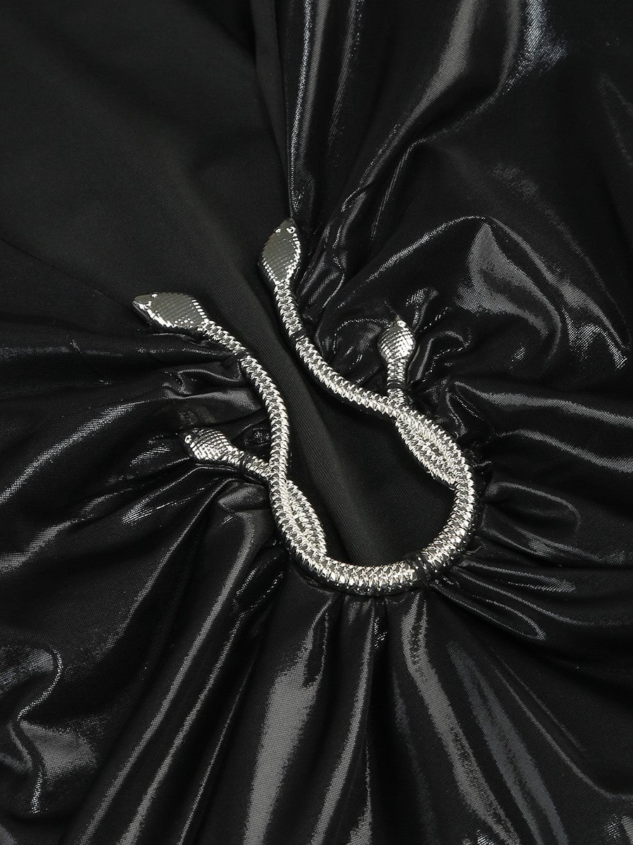 Black Deep V Faux Leather Long-Sleeve Midi Dress · Elegant Slim-Fit Waist Dress