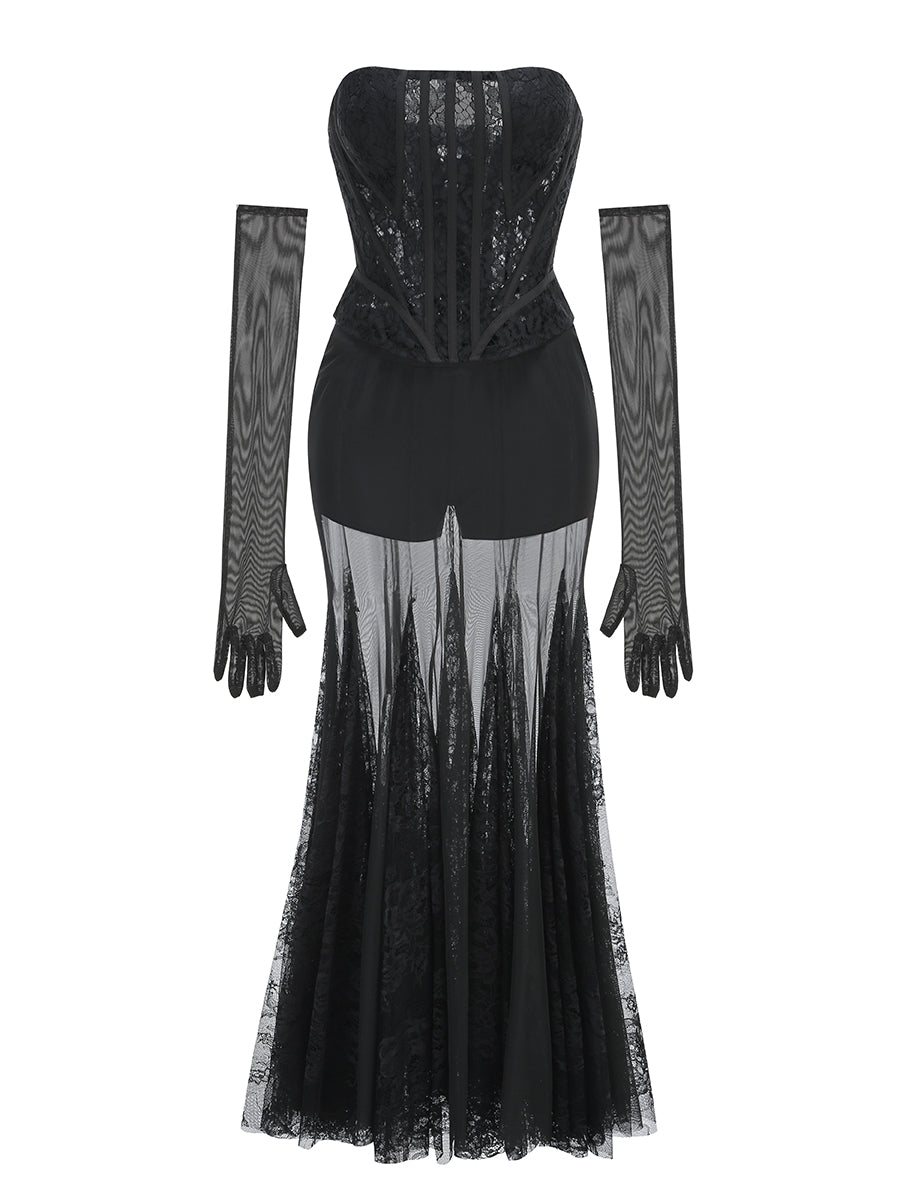 Black Embroidered Corset Tulle Gown Set · Luxury Strapless Dress with Matching Long Gloves