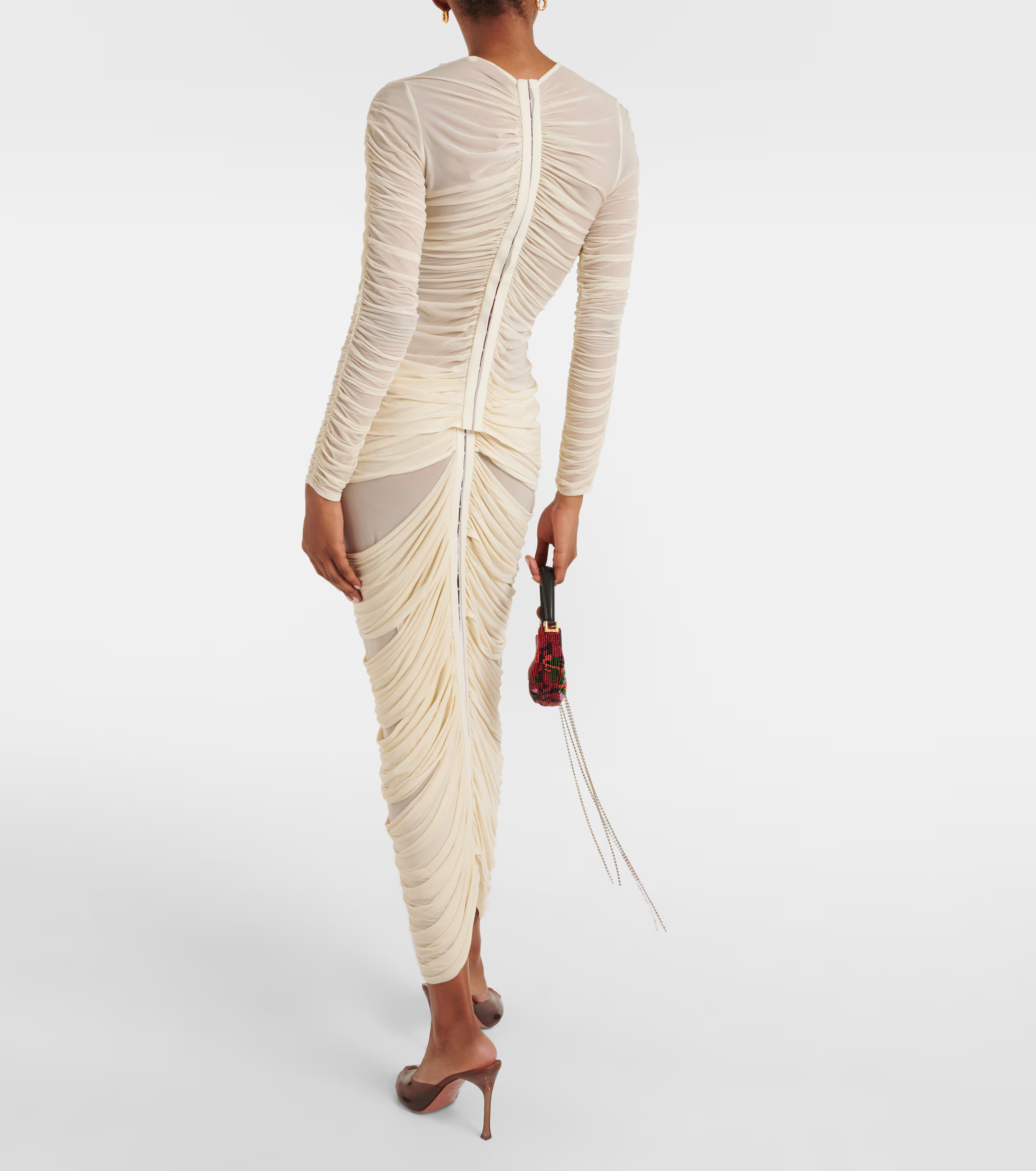 Ivory Long-Sleeve Ruched Midi Dress · Elegant Slim-Fit Gown with 3D Floral Detail