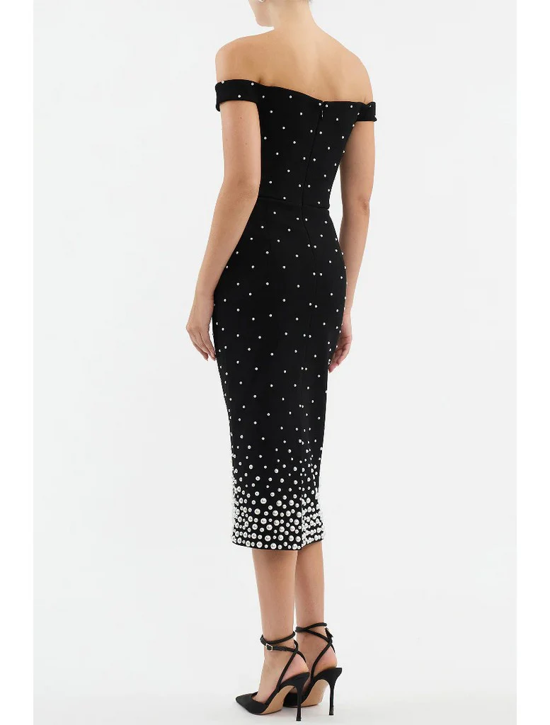 Black Off-Shoulder Rhinestone Gradient Midi Dress · Elegant Slim-Fit Evening Gown