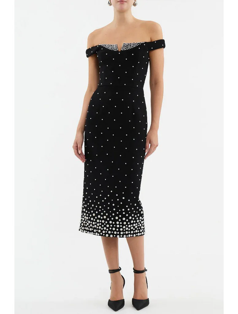 Black Off-Shoulder Rhinestone Gradient Midi Dress · Elegant Slim-Fit Evening Gown