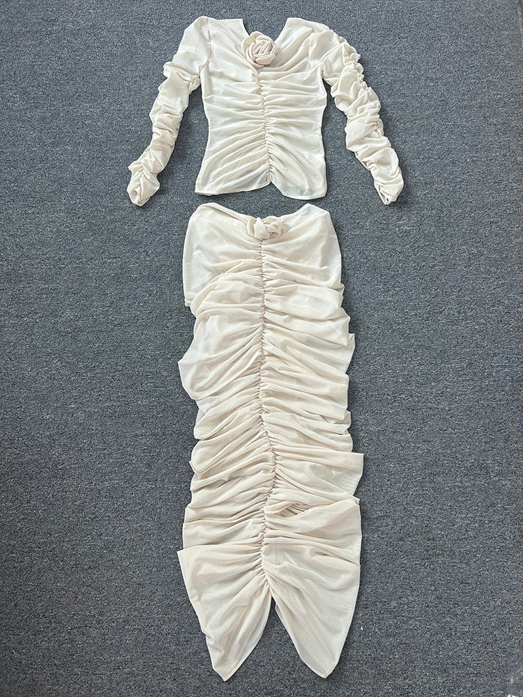 Ivory Long-Sleeve Ruched Midi Dress · Elegant Slim-Fit Gown with 3D Floral Detail