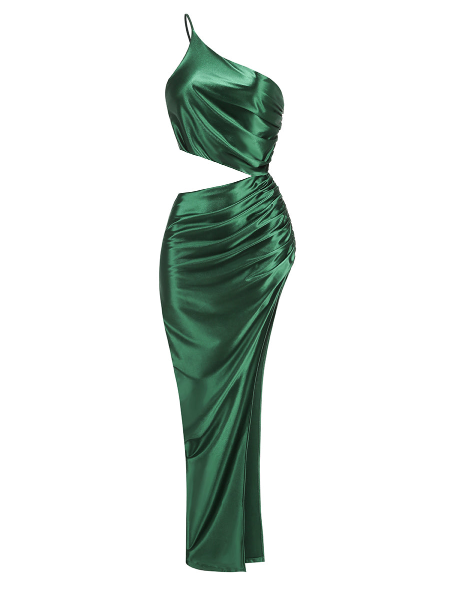 Emerald Green Satin One-Shoulder High-Slit Evening Gown · Elegant Slim-Fit Dress