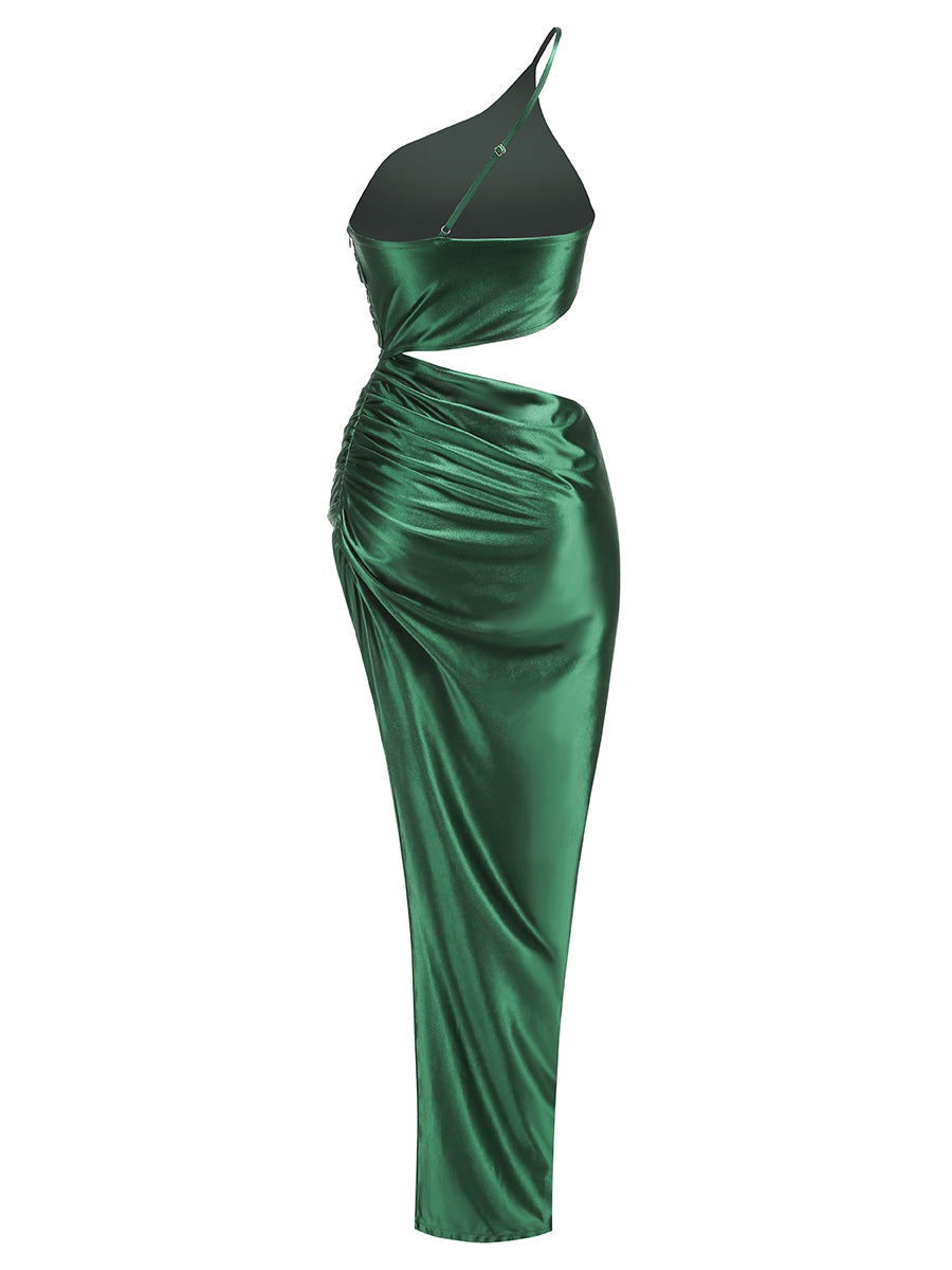 Emerald Green Satin One-Shoulder High-Slit Evening Gown · Elegant Slim-Fit Dress